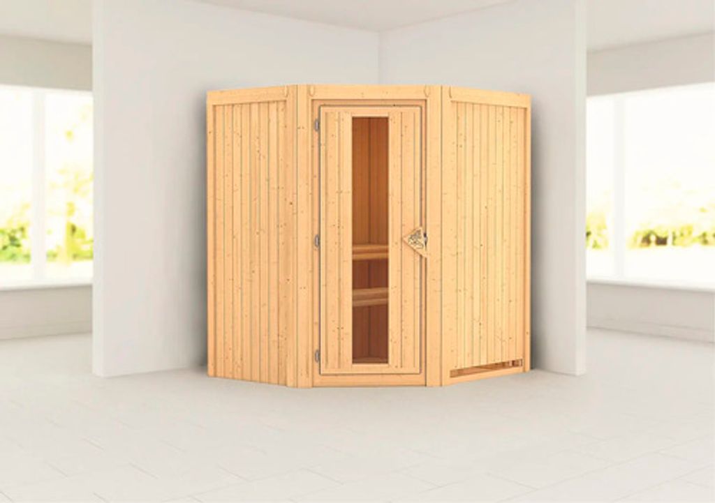 Plug & Play Sauna Karibu Monja ohne Ofen und Dachkranz mit Holztüre und Isolierglas wärmegedämmt