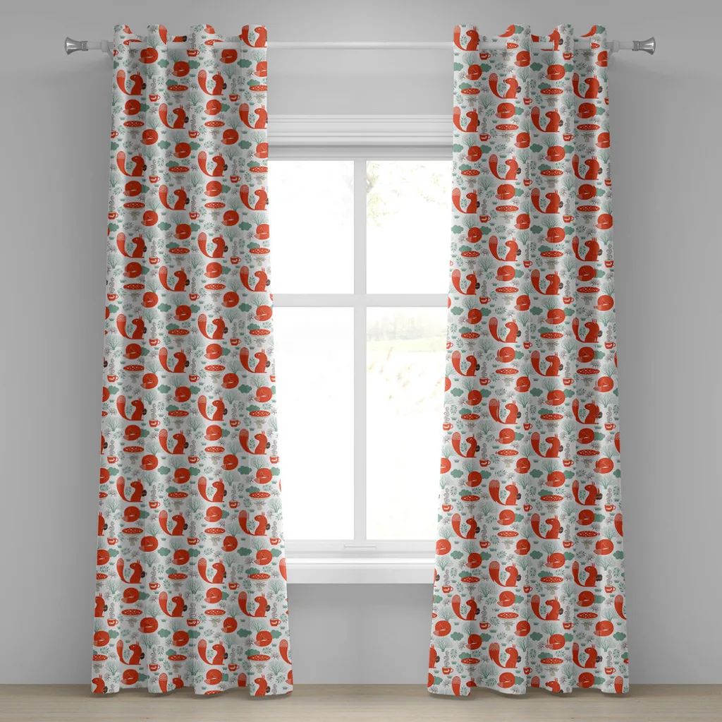 ABAKUHAUS Tenda con occhielli Fuchs, motivo con piccoli animali del bosco, foglie e funghi invernali, tende decorative a 2 pannelli, 280 cm x 175 cm, verde mandorla scuro corallo