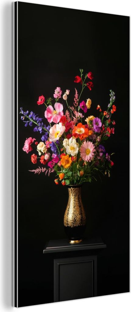 MuchoWow Wanddekoration Metall Metallbild Wandkunst 20x40 cm Bunt - Blumenstrauß - Vase - Gold MuchoWow Aluminium Gemälde - Aluminium Gemäldes