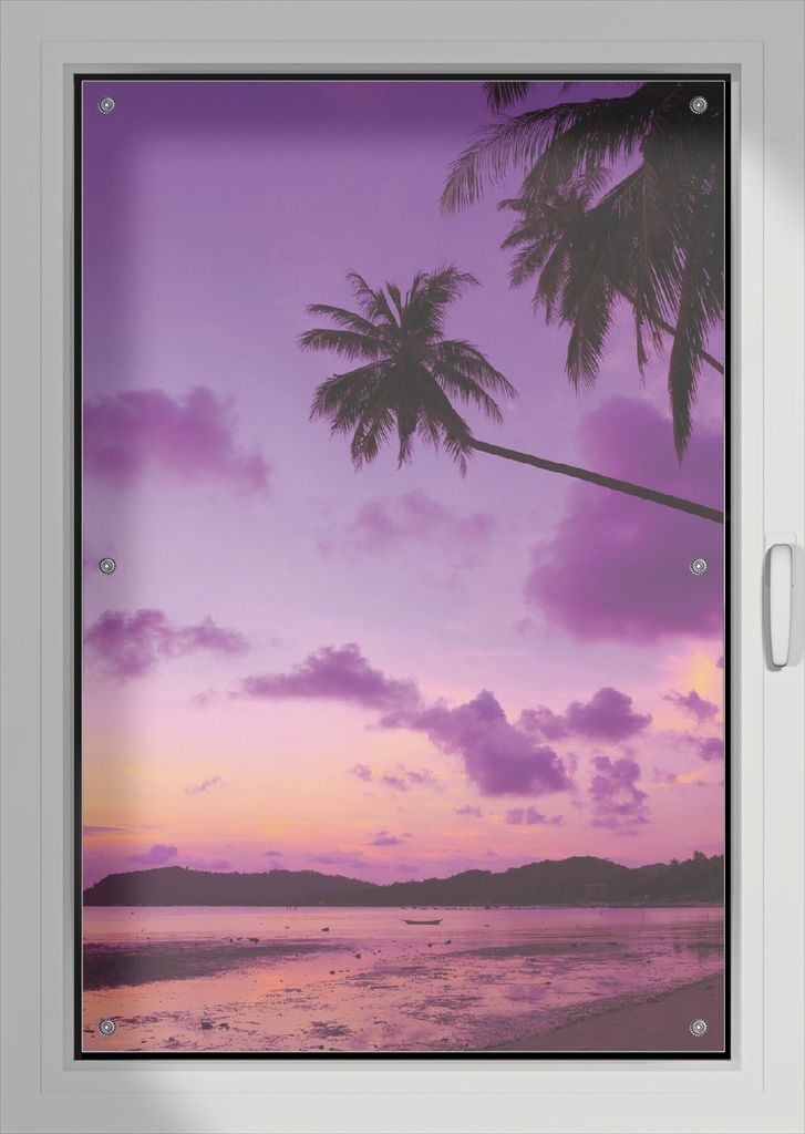 Wallario Lichtschutzbild, Dekorativer Sichtschutz Sonnenschutz 76 x 115 cm mit Motiv: Sonnenuntergang unter Palmen Himmel in lila und orange - Ver...