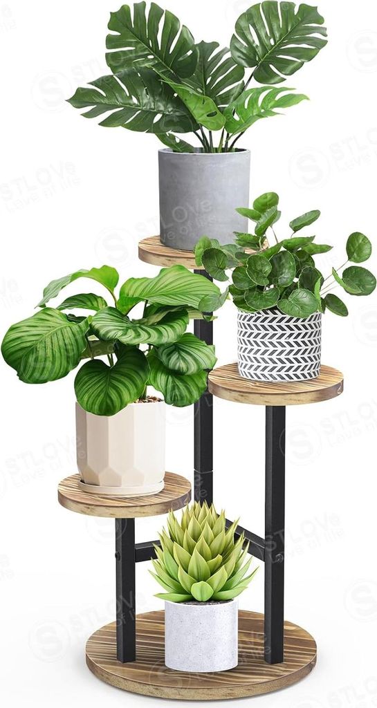Hochgestellte 3-Ebenen Pflanzhalter für Innenräume - Holz und Metall-Blumenständer