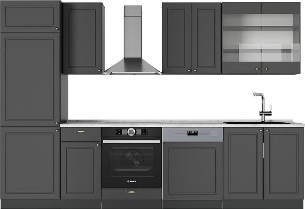 Vicco Küchenzeile Fame-Line, 300 cm , AP Marmor, Anthrazit-Gold Landhaus/Anthrazit