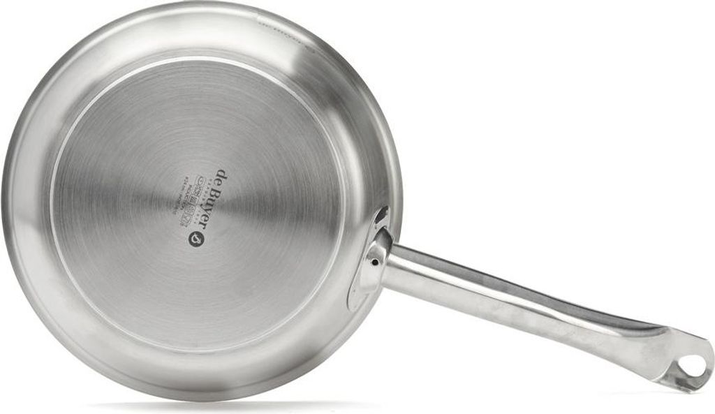 The underside of a stainless steel frying pan with a handle, shown against a white background.