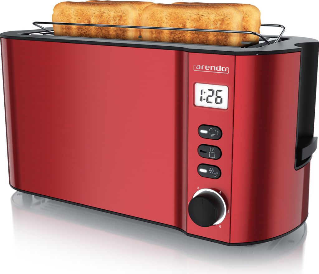 Arendo Toaster 4 Scheiben, Langschlitz, Edelstahl, 1500W, Display mit Restzeitanzeige, Brötchenaufsatz, Auftaufunktion, Wärmeisolierendes Gehäus...