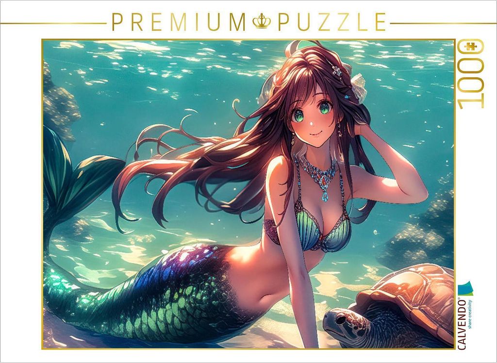 CALVENDO Puzzle Meerjungfrau mit einer Schildkröte | 1000 Teile Lege-Größe 64x48cm Foto-Puzzle für glückliche Stunden