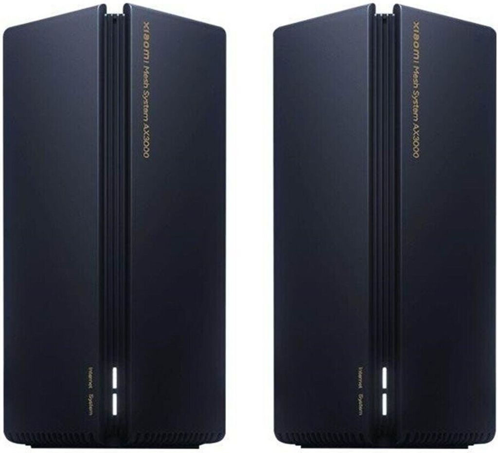 Two black Xiaomi Mesh System AX3000 routers are shown side-by-side against a white background.