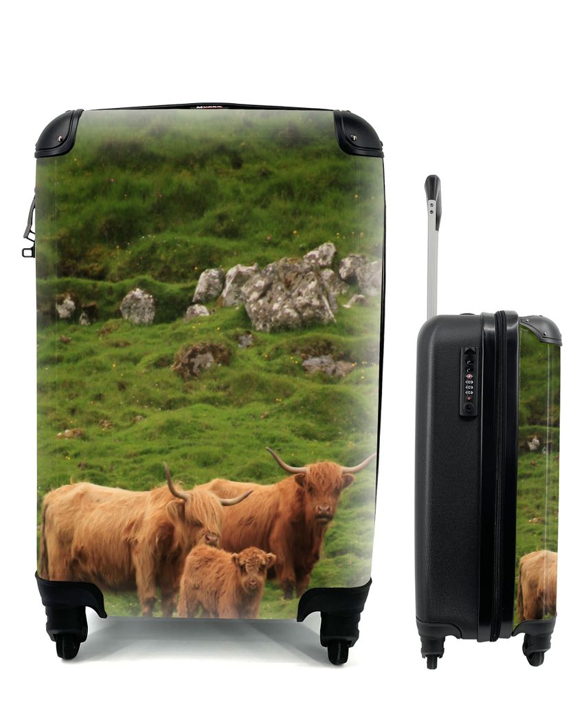 MuchoWow Koffer Handgepäck Trolley Rollkoffer Kleine Reisekoffer mit 4 Rollen - Schottische Highlander-Familie - Cabin Size < 55x40x23 cm & 55x4...