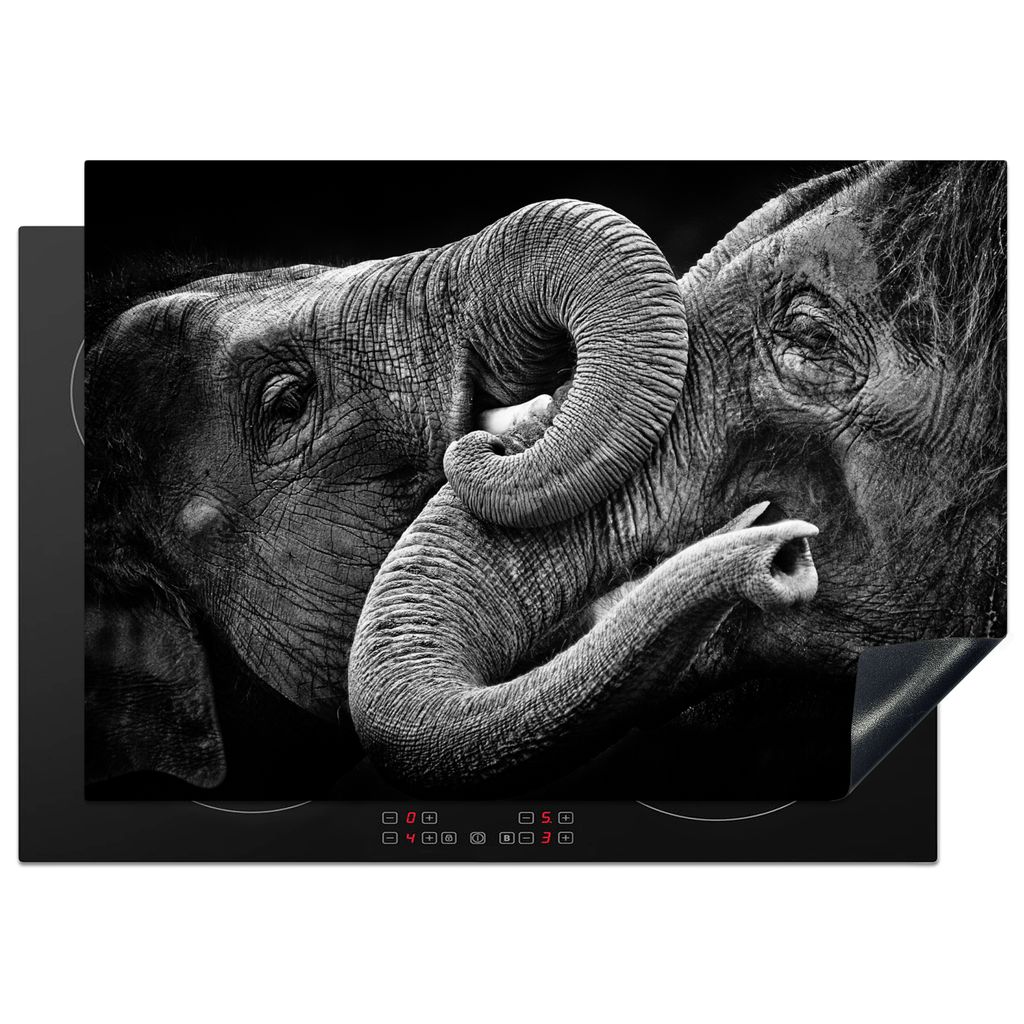 KitchenYeah Herdabdeckplatte Umarmende Elefanten auf schwarzem Hintergrund in Schwarz und Weiß , 75x52cm, Küche Deko, Glaskeramikkochfeld Herda...
