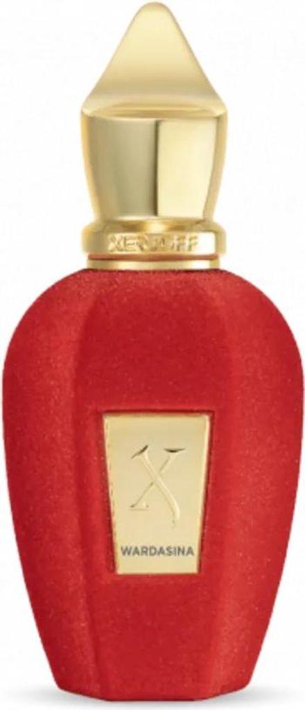 A product shot of a red perfume bottle with a gold cap and label.