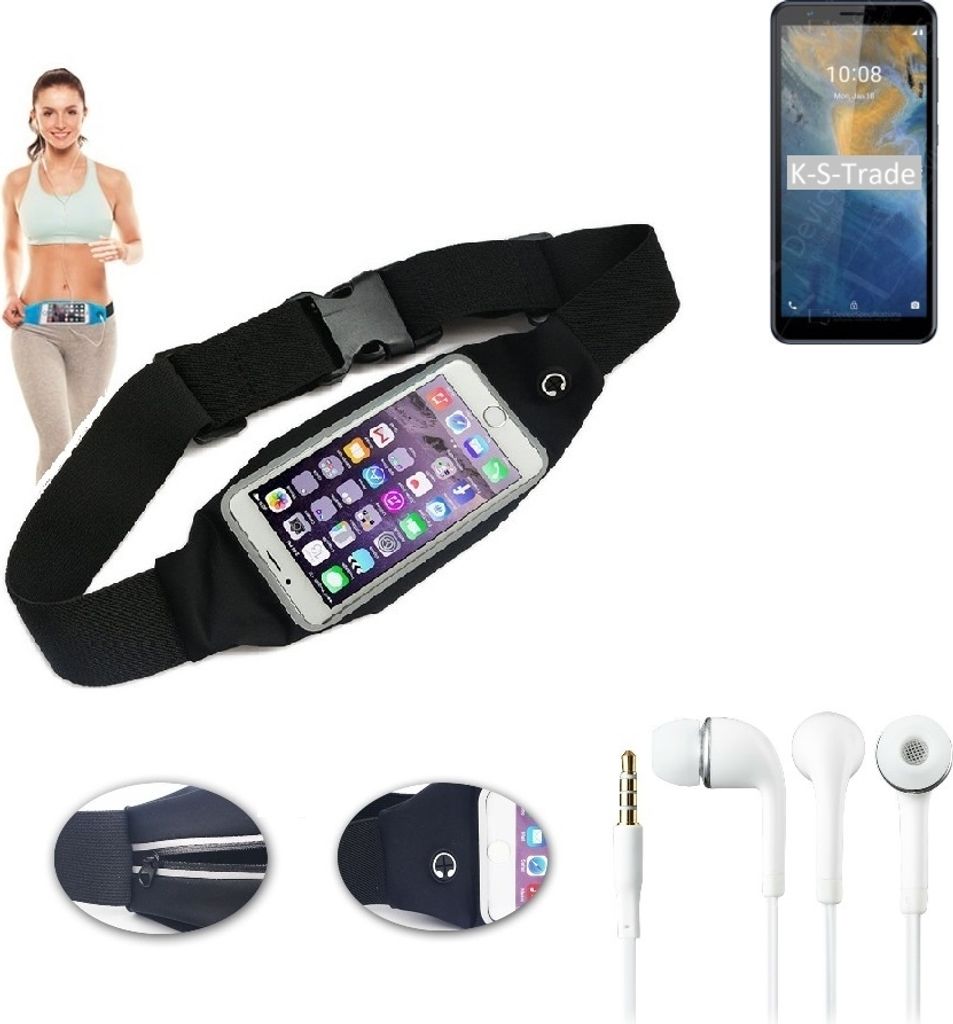 K-S-Trade Bauchtasche Gürteltasche kompatibel mit ZTE Blade A31 schwarz + Kopfhörer. Sport Running Jogging Fitness Laufen Umhängetasche Exercise