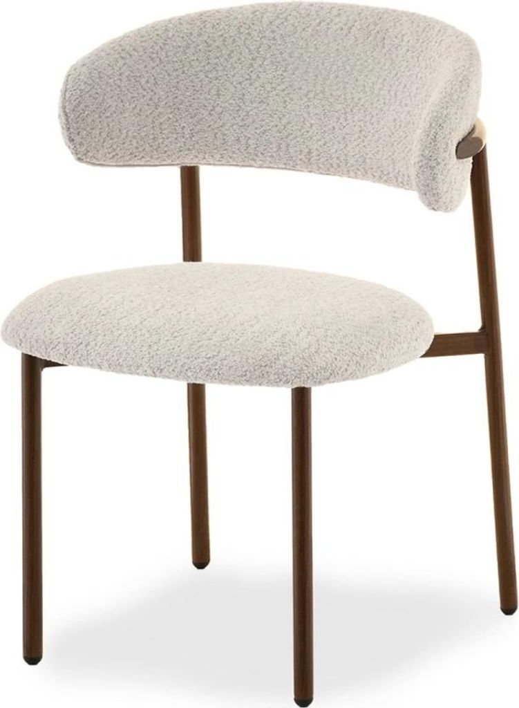 A single beige armchair with a brown frame against a white background.