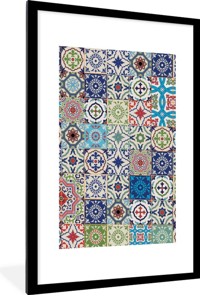 MuchoWow Gerahmtes Poster Blumen - Muster - Grün - Blau 60x90 cm - Poster mit Schwarzem Bilderrahmen Wandposter Rahmen Foto Bilder - Dekoration ...