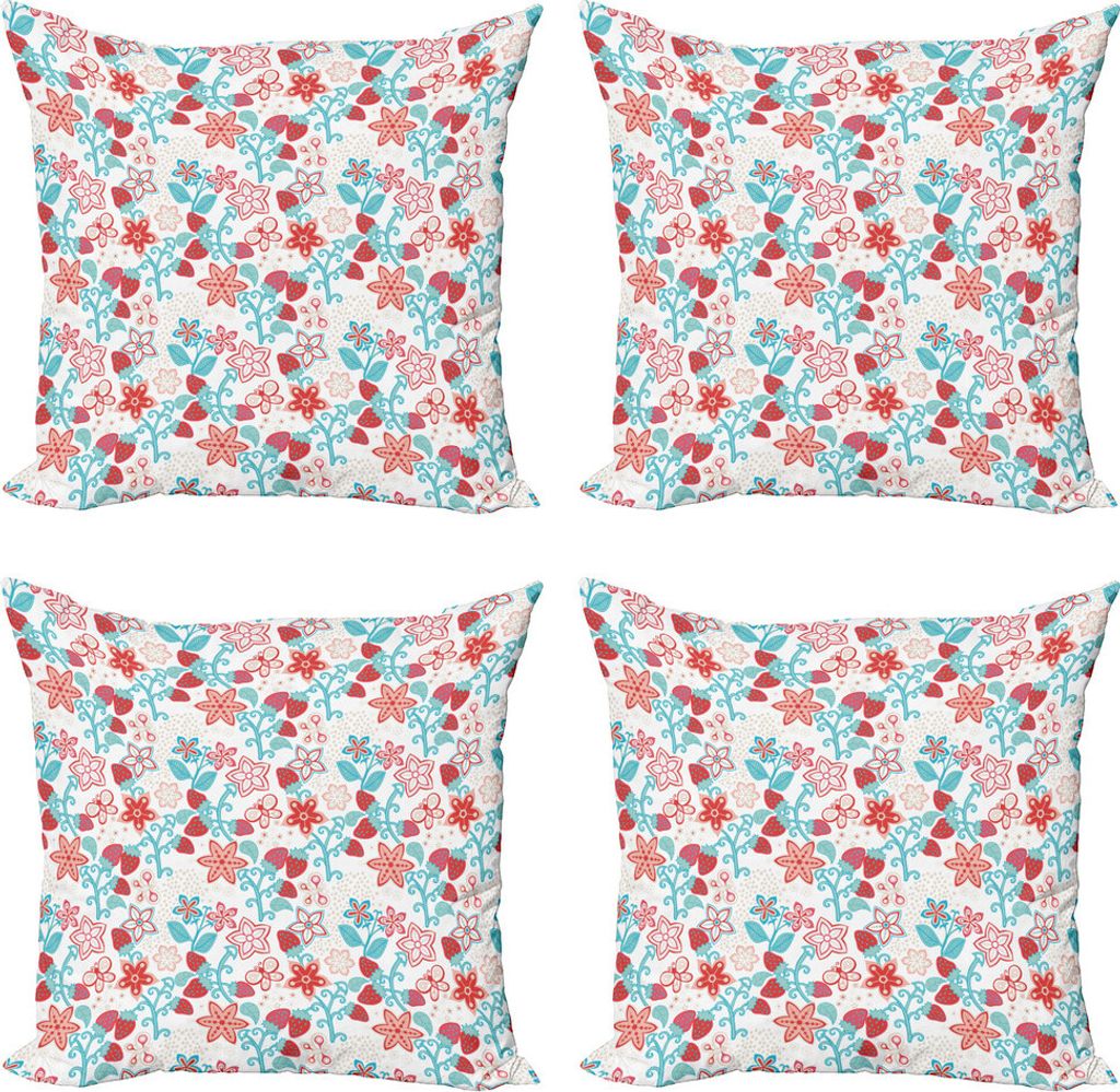 ABAKUHAUS Blumen Kissenbezug Set (4 Stück), Blumen Beeren, Moderner Doppelseitiger Digitaldruck, 60 cm x 60 cm, Dunkler Coral Aqua