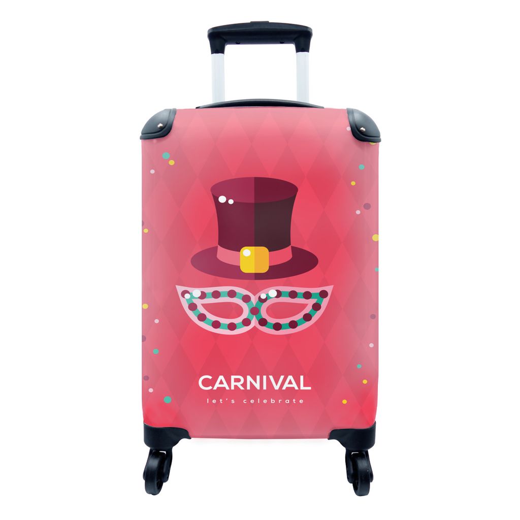 MuchoWow Koffer Handgepäck Trolley Rollkoffer Kleine Reisekoffer mit 4 Rollen - "Karneval" auf rotem Hintergrund - Cabin Size < 55x40x23 cm & 55...