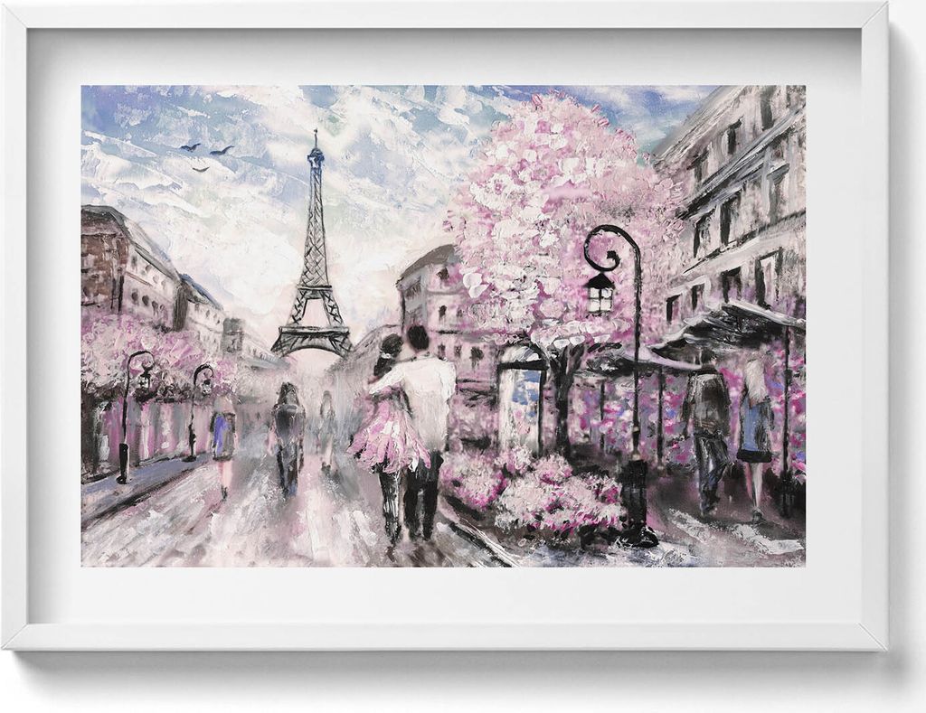 Paris und der Eiffelturm– Wandbild mit Rahmen – Gerahmtes Bild – Wanddekoration – 70x50 cm – Weiß Rahmen