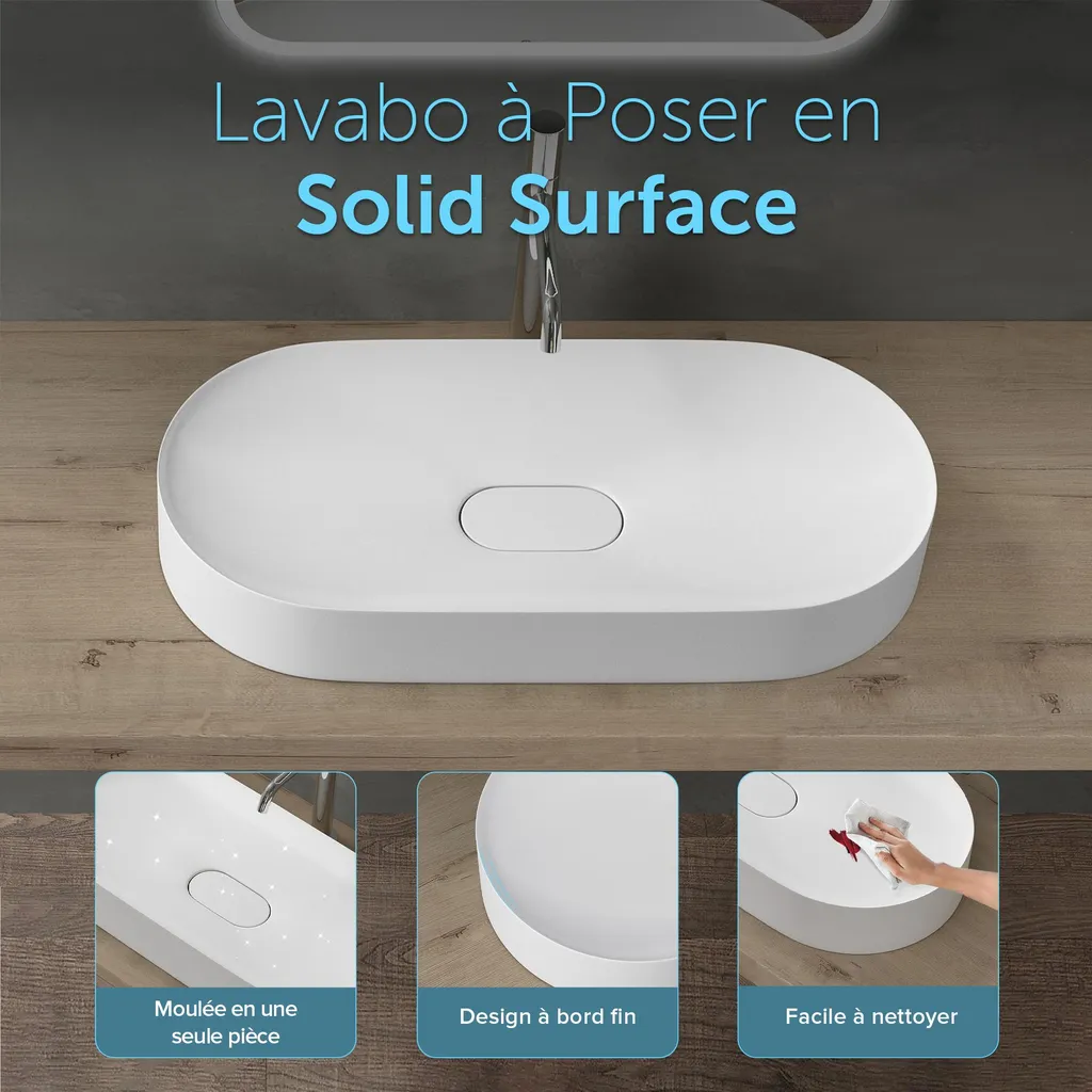 Vasque à poser ovale en pierre de synthèse blanc mat 71x35 cm