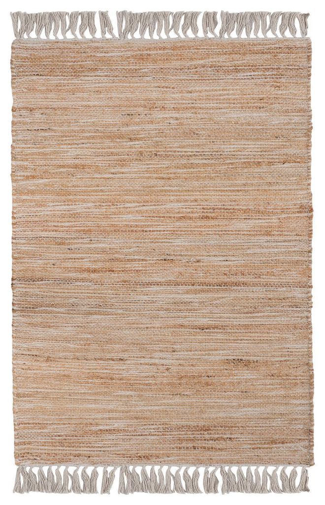 Handwebteppich - 70 x 120 cm - Beige - Weiß - mit Quasten