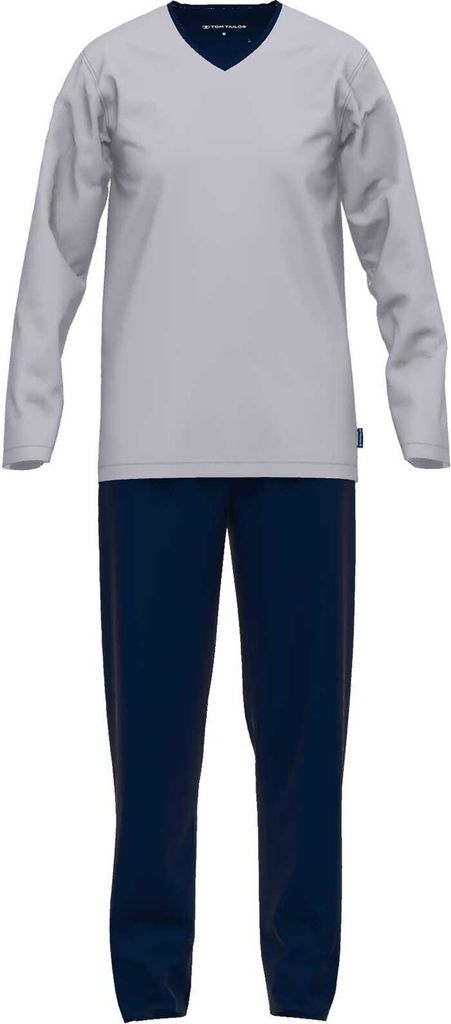 TOM TAILOR Herren Schlafanzug - Pyjama, Baumwolle, V-Ausschnitt, Logo, einfarbig, lang Hellgrau/Dunkelblau XXL