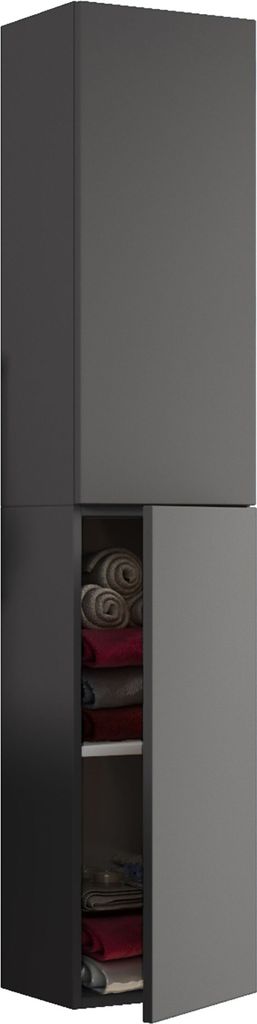 A tall, narrow, dark gray cabinet with two sections. The top section is closed, and the bottom section has a door ajar, revealing shelves with folded towels and other items.