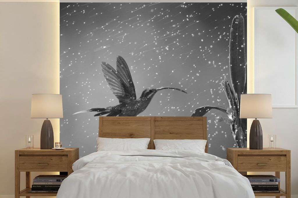 MuchoWow Fototapete für Wohnzimmer oder Schlafzimmer Wandtapete Vinyl Motivtapete Kolibri im Regen in der Natur von Costa Rica in schwarz und we...