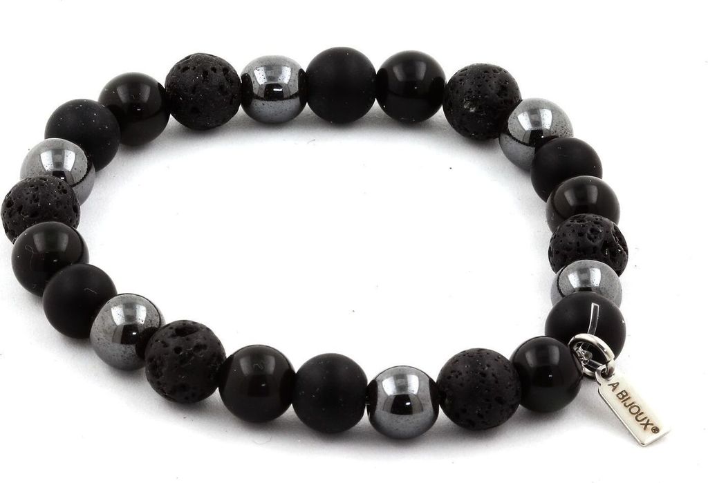 Armbandperlen Schwarzer Obsidian + Mattschwarzer Onyx + Lava + Hämatit 8 mm