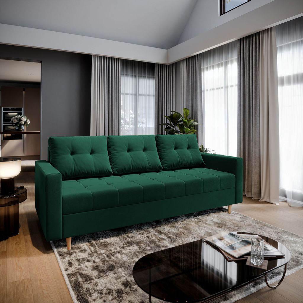 Sofa MILO Grün Plüsch-Stoff mit Schlaffunktion, Sofa mit Bettkasten, Sofa mit Bettkasten, Wohnzimmersofa, Couch, Soffa, Bettsofa, Couchgarnitur- ...