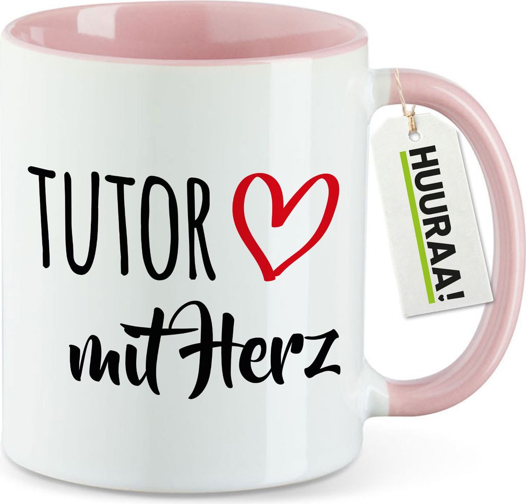 Huuraa Kaffeetasse Tutor mit Herz 330ml Rosa Keramik Kaffeebecher Geschenkidee