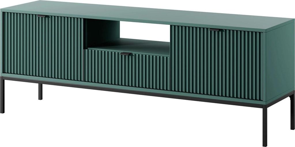 TV Lowboard Kioto 154 cm Grün & Schwarz – Rillenfront, Goldene Griffe, 1 Schublade, Modern