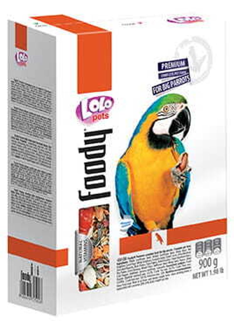 A product box for parrot food, featuring an image of a macaw.