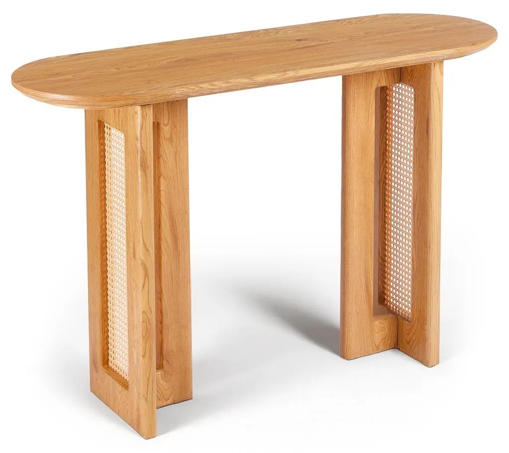 Console d'entrée Bohemia 120cm, Meuble en Rotin et Bois Chêne clair