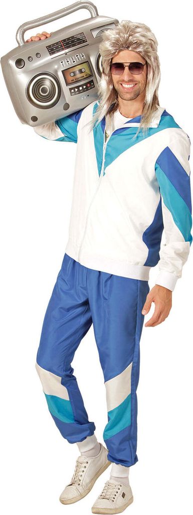 A man wearing an 80s-style tracksuit and wig, holding a boombox.