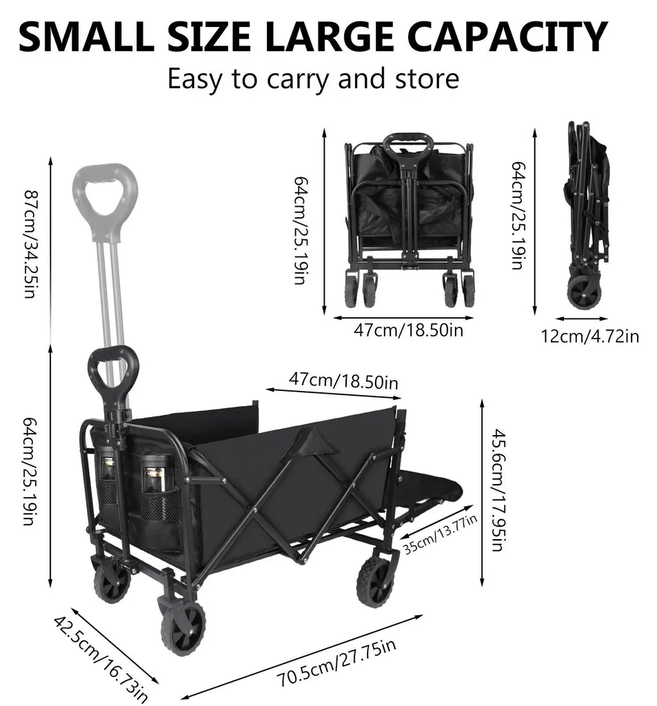 Chariot pliable 150L compact - Structure renforcée 75kg - Noir mat