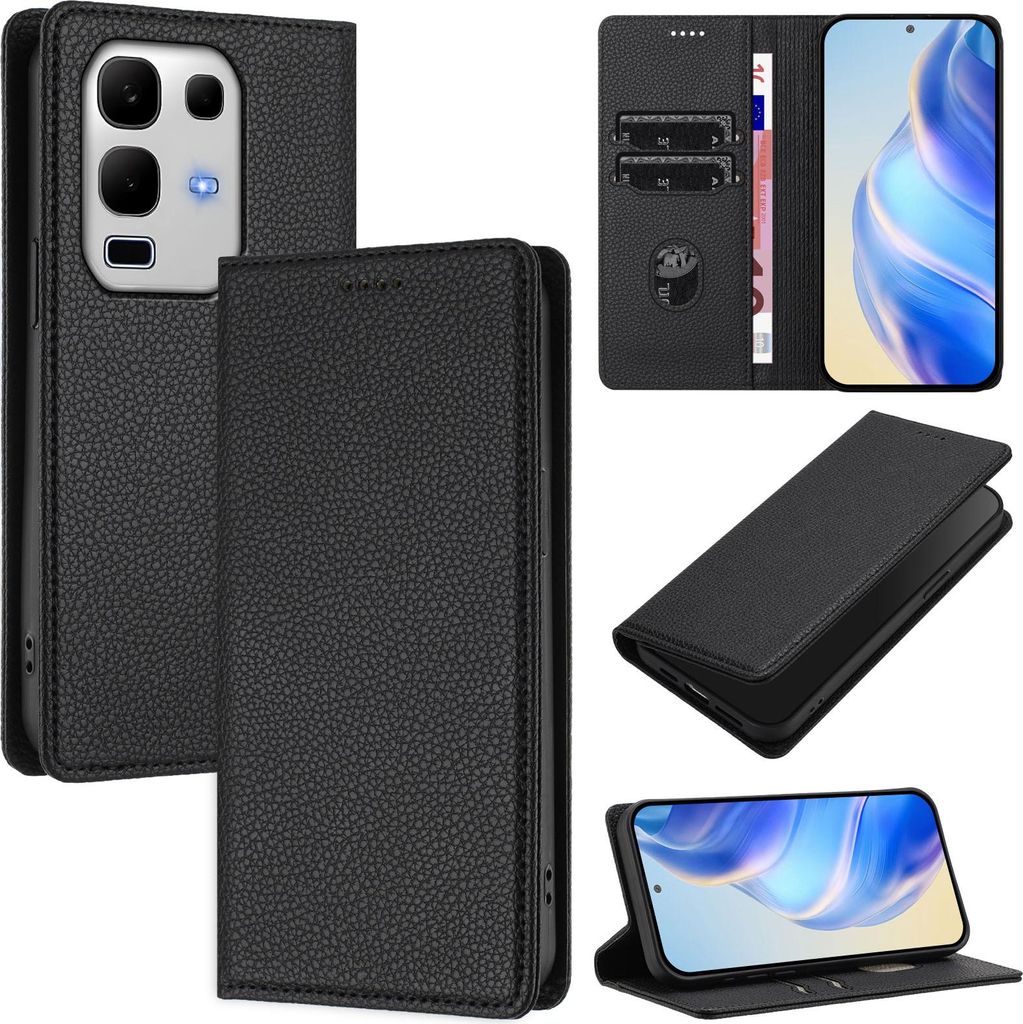 Litchi Leder Handyhülle für Infinix Note 50s Wallet Kartenfächer Standfunktion Hülle Schwarz