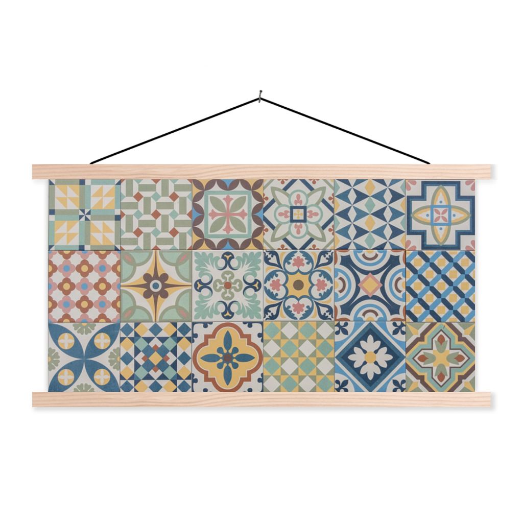 MuchoWow Textilposter Vintage - Blumen - Design - Figuren 150x75 cm mit holzfarbenen Rahmen - Plakate