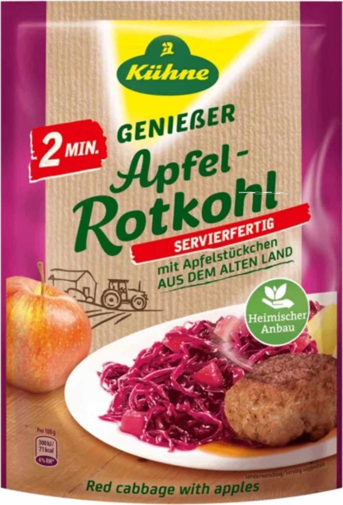A package of Kühne Apfelrotkohl (red cabbage with apples) with a serving suggestion shown on the front.