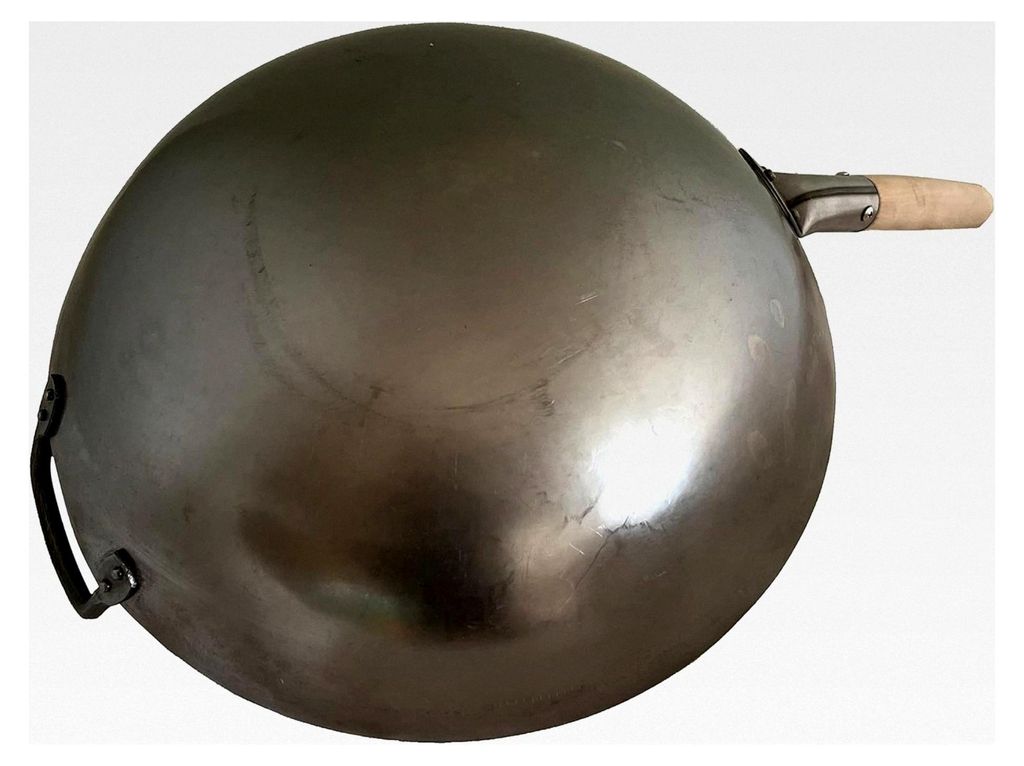 Wok-Pfanne aus handgehämmertem Kohlenstoffstahl, 40 cm Durchmesser, runder Boden, Doppelgriff
