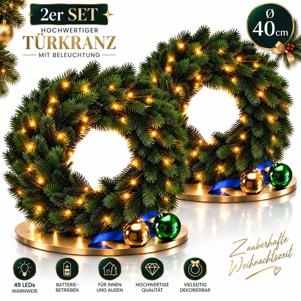 2er Set LED-Türkränze Ø 40 cm mit je 49 LEDs