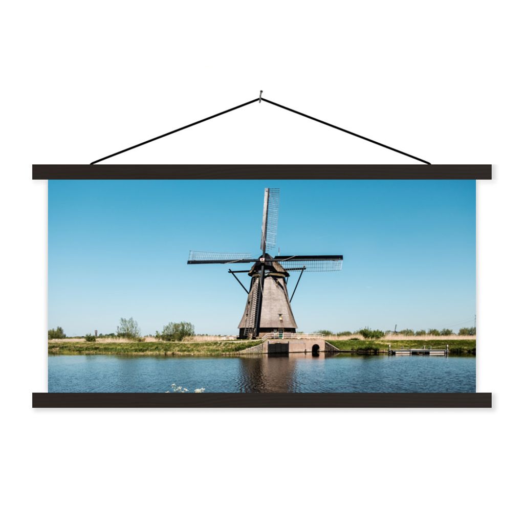 MuchoWow Textilposter Mühle - Blumen - Wasser - Niederlande 90x45 cm mit schwarzem Rahmen - Klemmleisten