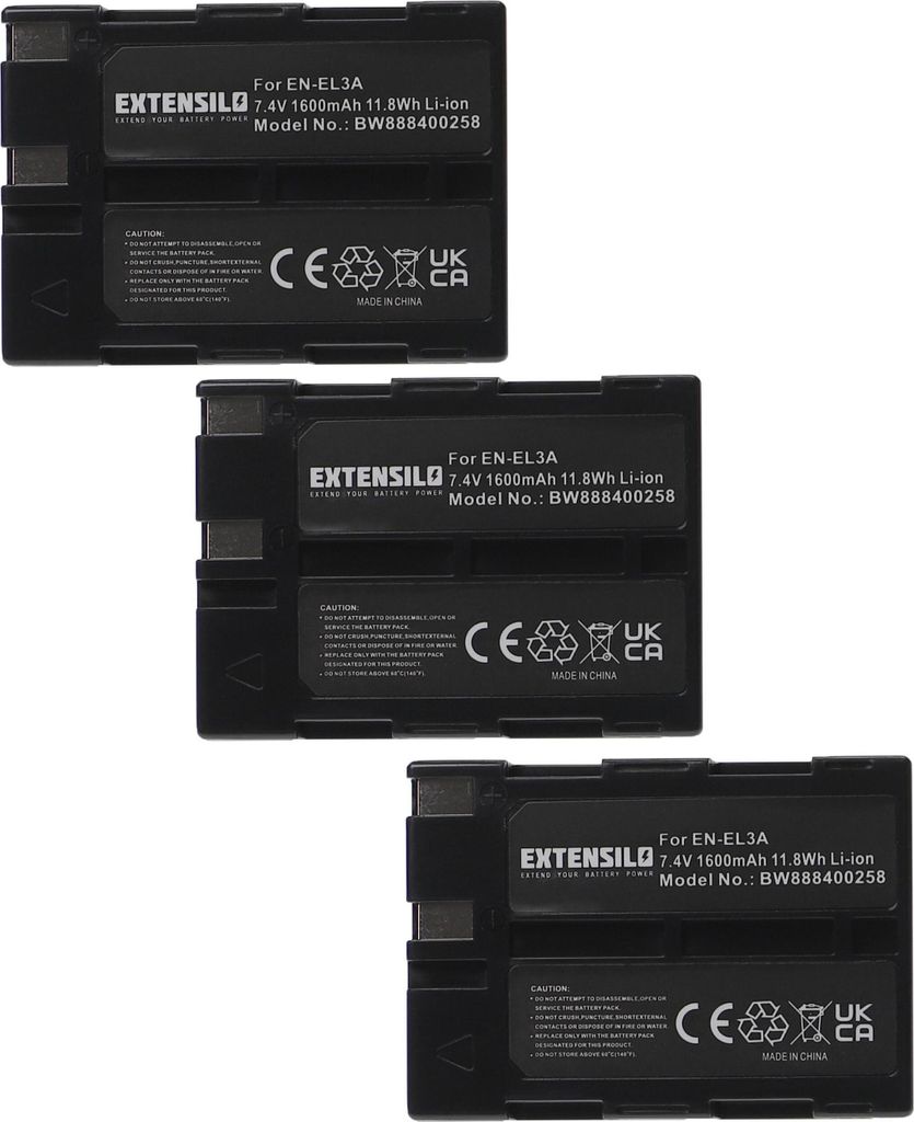 EXTENSILO 3x Akku Ersatz für Nikon EN-EL3, EN-EL3a für Produktbild 