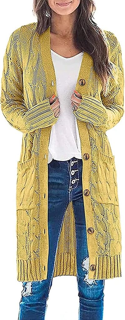 ASKSA Damen Langarm Strickjacke Strick Mantel Zopfstrick Sweater mit Knopfleiste und Taschen, Gelb, M