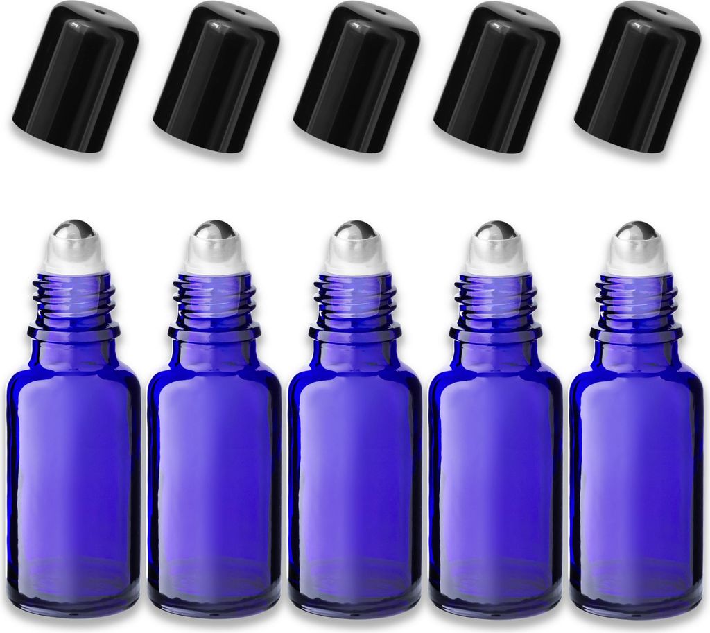 5x Blaue Glasflasche 20 ml Roll-On mit schwarzem Schraubverschluss Set