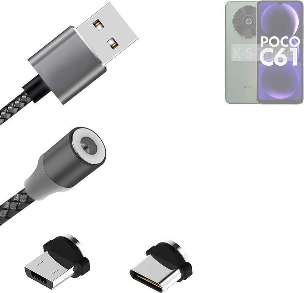 K-S-Trade Hochwertiges Magnet-Lade-kabel Sync-Kabel Daten-Kabel für POCO C61 mit USB-Typ-C-Anschluss und Micro-USB-Anschluss 2A bis zu 480mbps