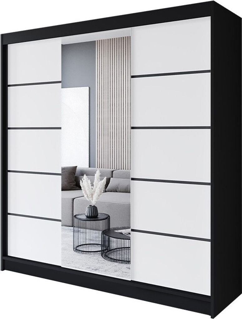 Easy4You R6 200 cm Schwarz/Weiß Schiebetüren Kleiderschrank Produktbild 