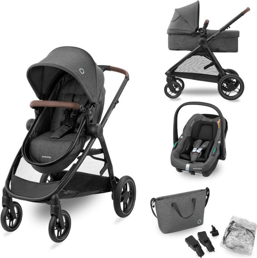 A collage of a baby stroller system with multiple components.