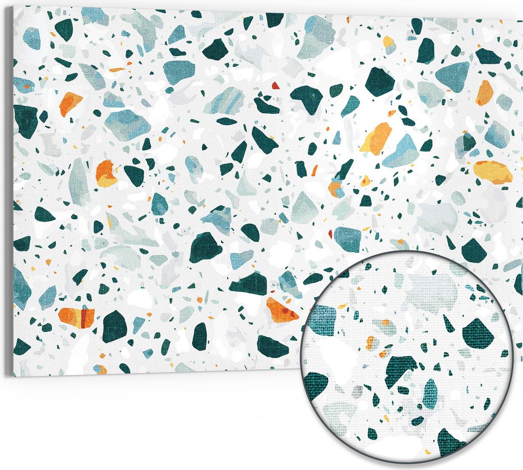DEQORI Hybrid Leinwand Bild 90x60 cm 'Bunter Terrazzo-Trend' Wandbild Glas flach modern