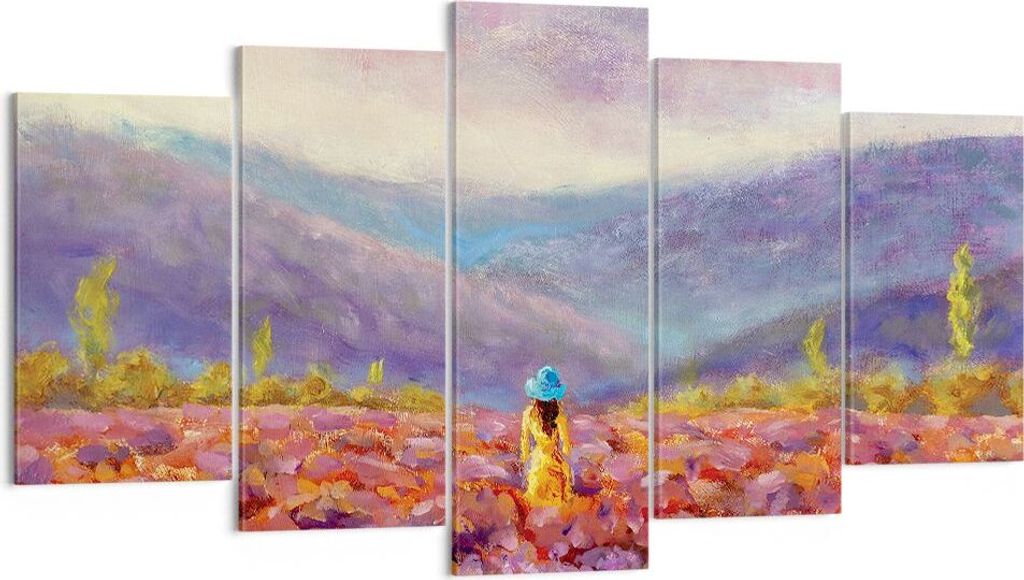 Bild auf Leinwand - Leinwandbild - 5 Teile - Feld Frau Landschaft - 160x85cm - Wand Bild - Wanddeko - Wandbilder - Leinwanddruck - Bilder - Wanddek...
