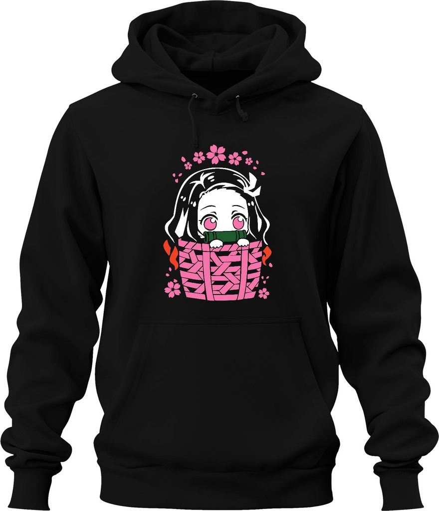 Nezuko Kimetsu No Yaiba Anime Kawaii Bambus Korb Sakura Geschenk Uni Hoodie Kapuzenpullover, Schwarz, XL