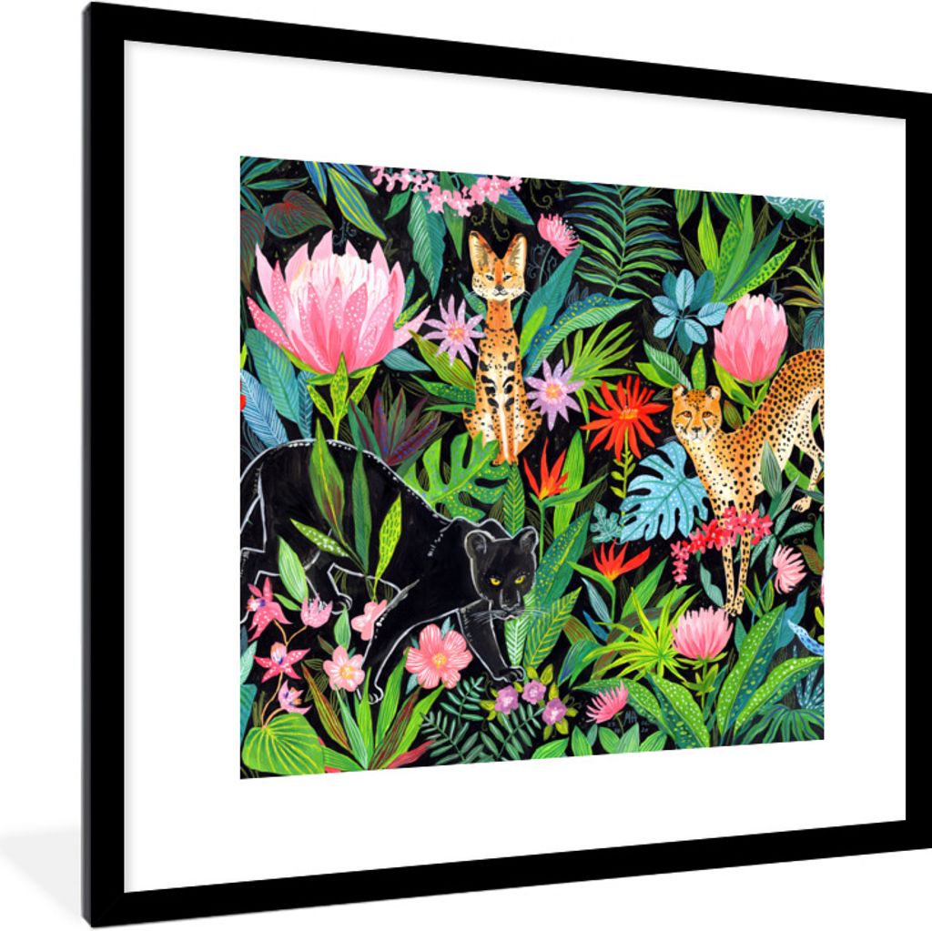 MuchoWow Gerahmtes Poster Dschungel - Tiere - Blätter - Blumen 40x40 cm - Poster mit Schwarzem Bilderrahmen Wandposter Rahmen Foto Bilder - Post...