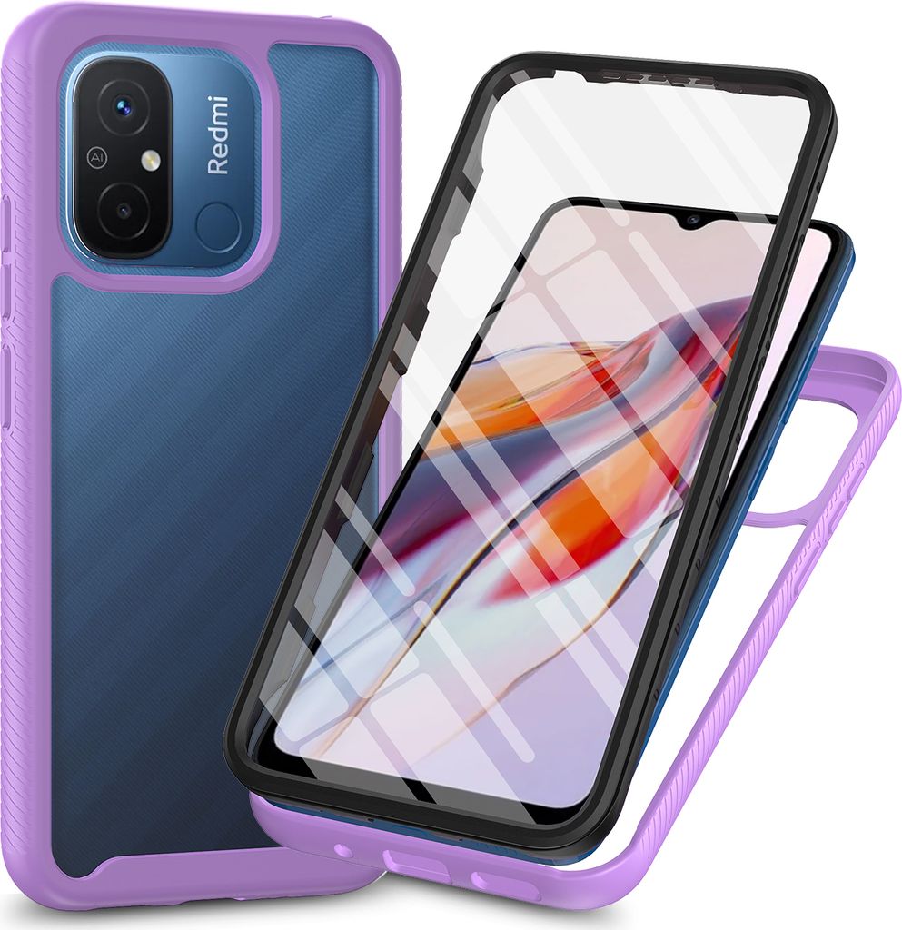 Redmi 12C Hülle, Bumper mit Eingebautem Displayschutz 360 Grad Komplettschutz Schutzhülle für Xiaomi Redmi 12C Lila