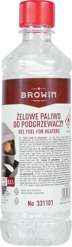 A bottle of gel fuel for heaters.